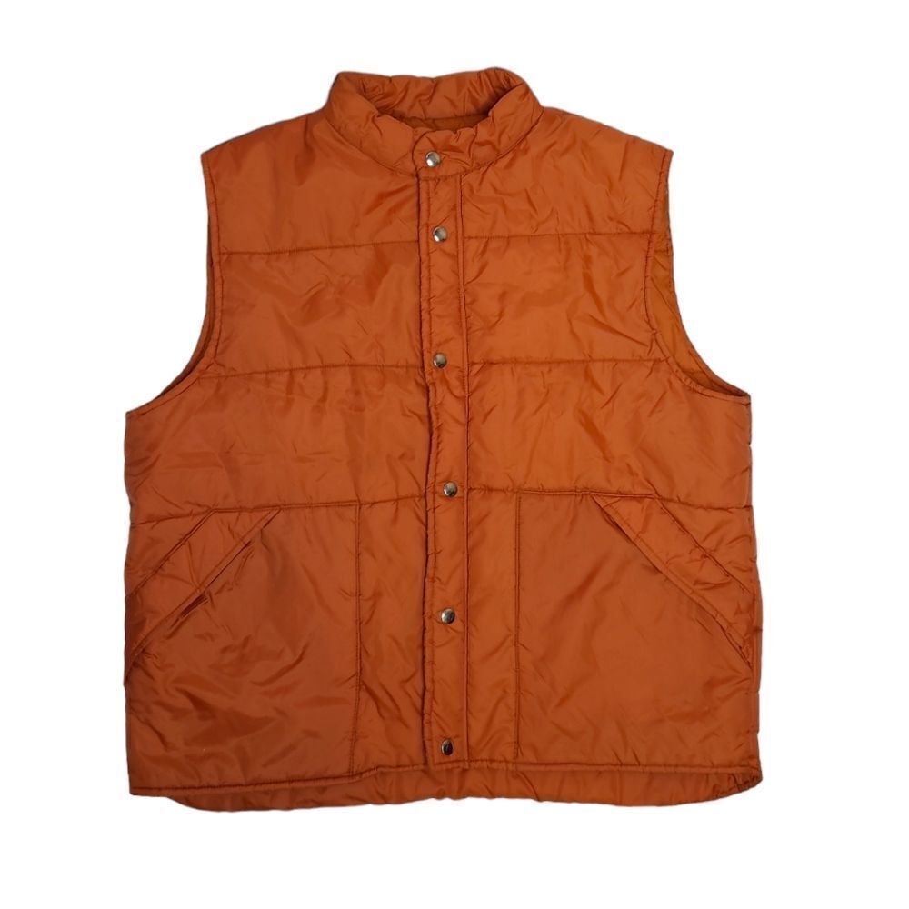 VINTAGE 70s gorpcore rust orange puffer snap button zip up vest‎ L